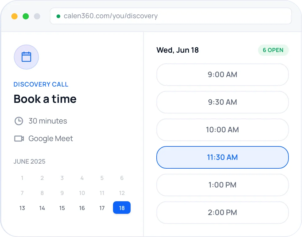 Calen360 booking page